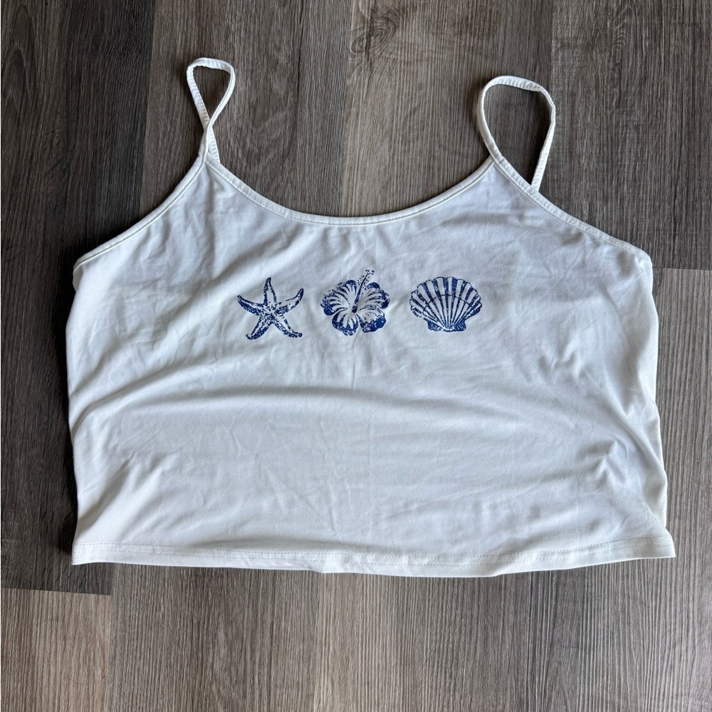 SHEIN White Tank Top with Blue Seashell Design